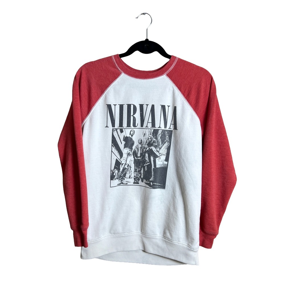American‎ Eagle Nirvana Sweatshirt Small Red White Raglan Band Graphic